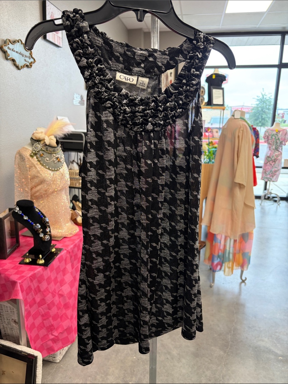 Cato Black & Gray Houndstooth Sleeveless Mini Dress with Ruffled Neckline